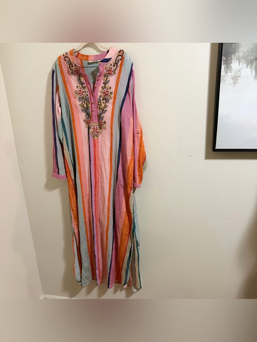 Soft Surroundings Aruba Striped Embroidered Gauze Caftan Maxi Dress M NWT - Picture 3 of 15